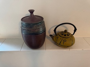 lot 107 image: Stoneware Lidded Jar and Cast Iron Teapot with Infuser