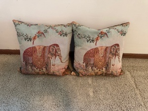 lot 111 image: Pair of Decorative Throw Pillows with Elephant Tapestry Design