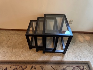 lot 115 image: Set of 3 Glass Top Nesting End Tables with Black Frames