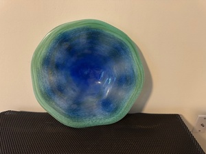 lot 126 image: Hand-Blown Art Glass Bowl with Blue and Green Swirl Design