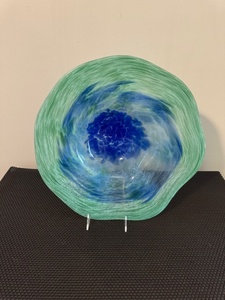 lot 138 image: Signed Art Glass Decorative Bowl with Blue and Green Swirl Design