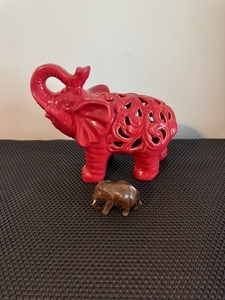 lot 141 image: Pair of Elephant Figurines - Red Ceramic and Hand-Carved Wood