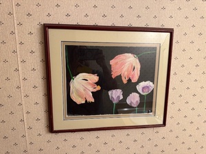 lot 143 image: Framed Floral Artwork with Pink and Purple Flowers