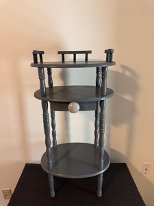 lot 149 image: Painted Three-Tier Wood Accent Table with Drawer and Upper Rack