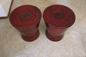 lot 8 image: Pair of Red Accent Drum Side Tables with Removable Lids