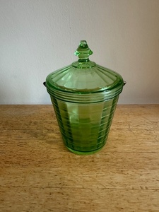 Vintage Green Depression Glass Ice Bucket with Lid and Handle