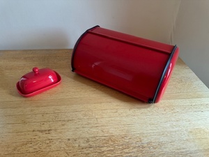 lot 183 image: Red Metal Bread Box and Ceramic Butter Dish Set