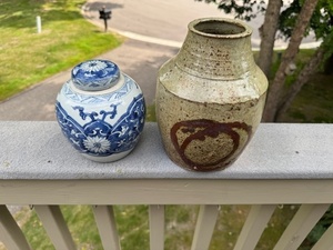 lot 194 image: Pair of Decorative Ceramic Vases Blue and Beige Pottery