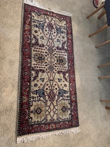 lot 196 image: Oriental Style Runner Rug with Red and Beige Patterned Border