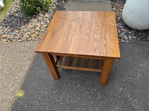 lot 220 image: Mission Style Solid Wood End Table with Slatted Shelf