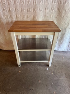 lot 234 image: Wood Top Kitchen Cart with Metal Shelves and Wheels