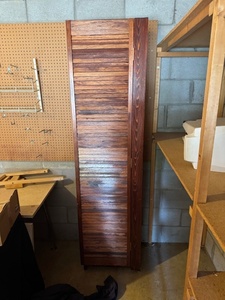 lot 236 image: Tall Wooden Storage Cabinet with Louvered Door and Shelves