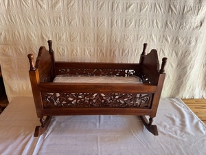 lot 259 image: Antique Wooden Baby Cradle with Carved Floral Design