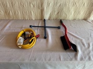 lot 265 image: Automotive Emergency Kit with Jumper Cables, Lug Wrench, and Snow Brush