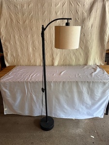 lot 278 image: 60 Black Metal Arc Floor Lamp with Beige Fabric Shade