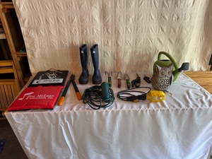 lot 294 image: Garden Tools and Accessories Lot with Boots, Owl Decor, and Watering Can