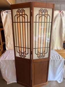 lot 295 image: Wood and Glass Folding Room Divider with Ornamental Panels
