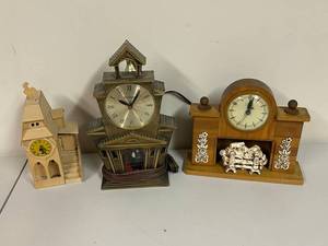 lot 887 image: Lot of 3 Vintage-Style Mantle Clocks - Wood & Metal Designs