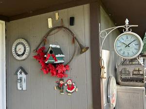 lot 1019 image: Vintage Outdoor Wall Decor Lot Kensington Clock, Thermometer, Birdhouse