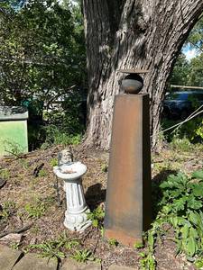lot 1024 image: Metal Garden Sculpture & Concrete Bird Bath with Child Figure