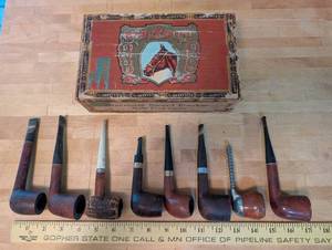 lot 1 image: Vintage Smoking Pipe Collection with Harvester Cigar Box - Set of 8