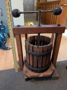 lot 4 image: Vintage Wooden Fruit Press with Metal Handle and Bands