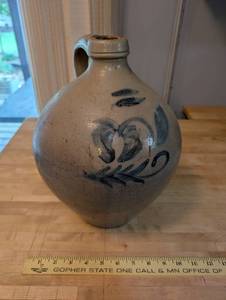lot 10 image: Antique Stoneware Jug with Blue Floral Design and Handle