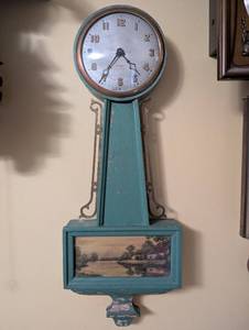 lot 33 image: Vintage Gilbert Wall Clock with Painted Landscape Panel