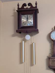 lot 35 image: Vintage Wooden Wall Clock with Pendulum and Weights
