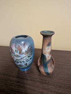 lot 39 image: Pair of Vintage Pottery Vases - Blue Landscape and Roseville Floral Design