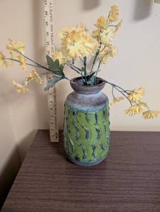 lot 42 image: Handcrafted Green Ceramic Vase with Faux Yellow Flowers