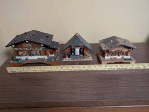 lot 61 image: Set of 3 Swiss Chalet Style Wooden Trinket Boxes and Weather House