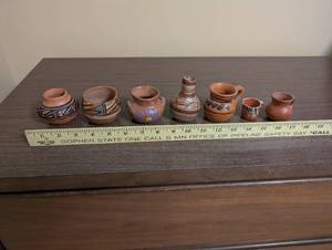 lot 73 image: Set of 7 Miniature Hand Painted Southwestern Pottery Vases and Pots