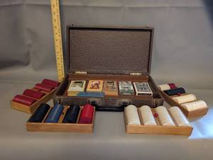 lot 85 image: Vintage Poker Set with Chips and Playing Cards in Brown Case