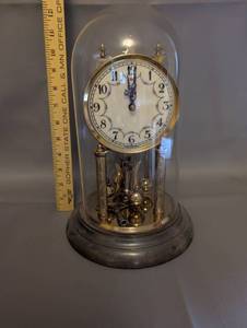 lot 154 image: Vintage H. Coehler Glass Dome Anniversary Clock with Floral Dial
