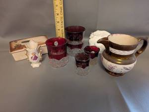 lot 157 image: Assorted Collection of Antique Ruby Glass, Pottery, and Porcelain Pieces