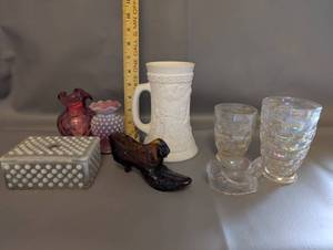 lot 159 image: Vintage Art Glass Collection Including Fenton Vases, Hobnail Trinket Box, and Decorative Pieces