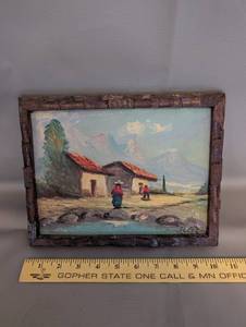 lot 161 image: Vintage Framed Landscape Painting with Village Scene