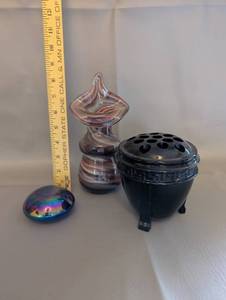 lot 164 image: Decorative Glass Perfume Bottle, Black Cauldron Incense Burner, and Iridescent Stone Set