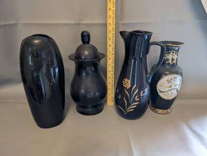 lot 165 image: Collection of 4 Black Decorative Vases and Pitchers with Gold Accents