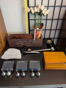 lot 174 image: Decorative Household Lot with Dansk Mini Vases, Wood Boxes, Stone Plaque, and Floral Arrangement