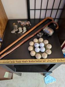 lot 177 image: Collection of Decorative Walking Canes, Western Figurines, Golf Plate, and Assorted Items
