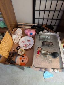 lot 180 image: Eclectic Collectibles Lot Silverlook Tray, Betty Boop Doll, Cast Iron Pigs, Pink Elephant Bank, Little Bo Peep Plate & More