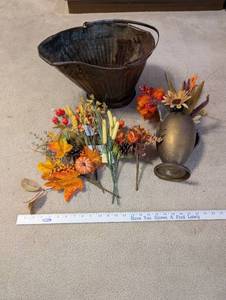 lot 241 image: Lot of 2 Vintage Metal Vases with Fall Faux Floral Arrangements