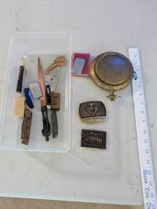 lot 251 image: Vintage Collection Folding Pocket Knives, Medals, Pocket Watch Case, Letter Opener, Belt Buckles