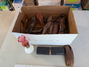 lot 263 image: Collection of Vintage Shoe Stretchers, Small Red Lamp, and Leather Cord Case