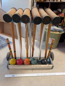lot 266 image: Vintage Wooden Croquet Set with 6 Mallets, 6 Balls, Wickets, and Rolling Stand