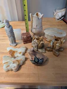 lot 329 image: Collection of Decorative Onyx Stone Figures, Candle Holders, and Trinket Box