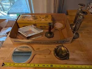 lot 330 image: Vintage Vanity Set with Hand Mirrors, Decorative Box, Candlesticks, and Nautical Ashtray