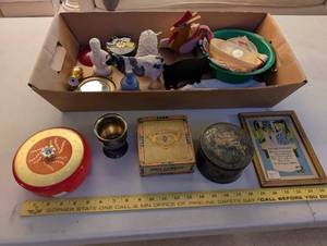 lot 335 image: Vintage Collectibles Lot with Tins, Figurines, Framed Art, and Trinket Boxes